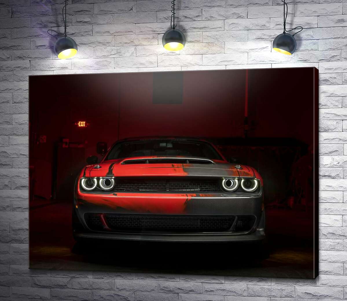 картина Загадочный красный автомобиль Dodge Challenger выезжает из тени