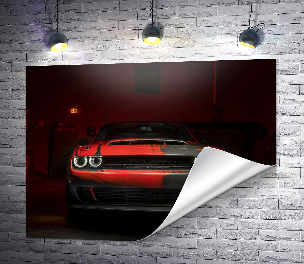 друк Загадковий червоний автомобіль Dodge Challenger виїжджає з тіні