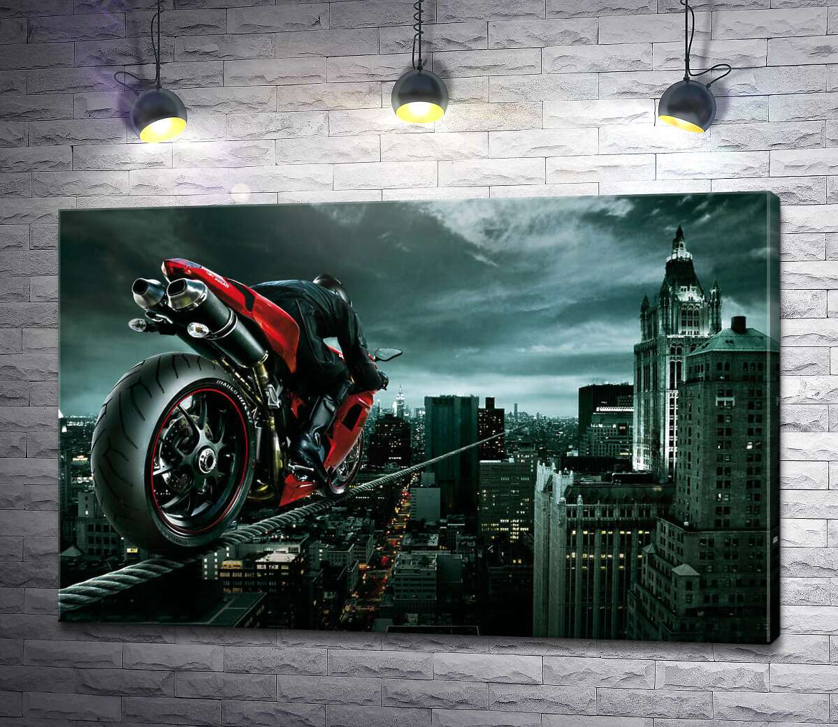 картина Огненно-красный мотоцикл на канате над городом