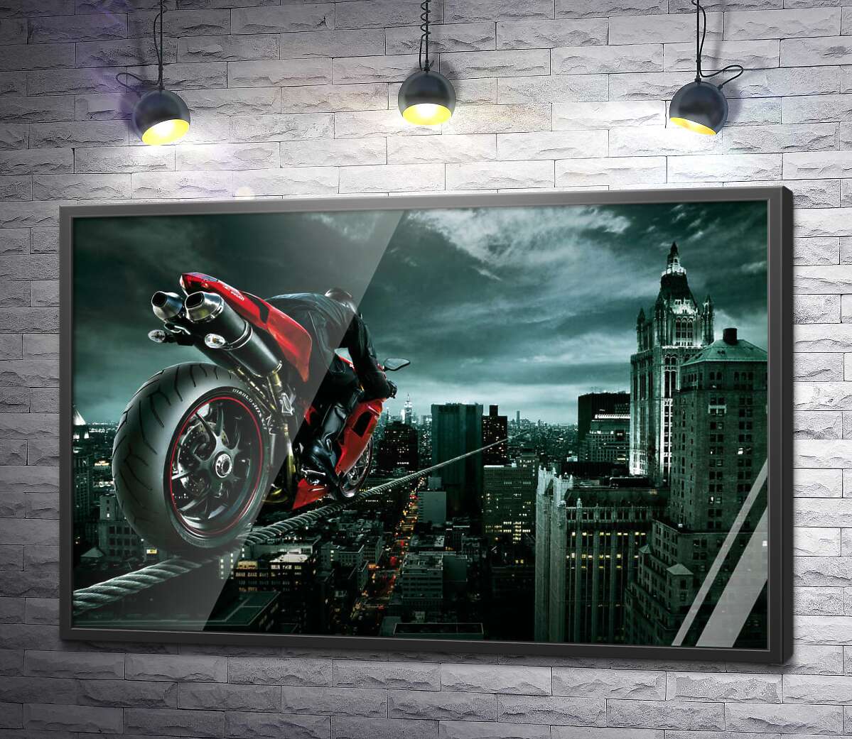 постер Вогненно-червоний мотоцикл на канаті над містом