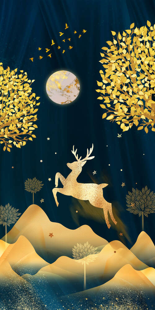 картина-постер Олень в прыжке под луной