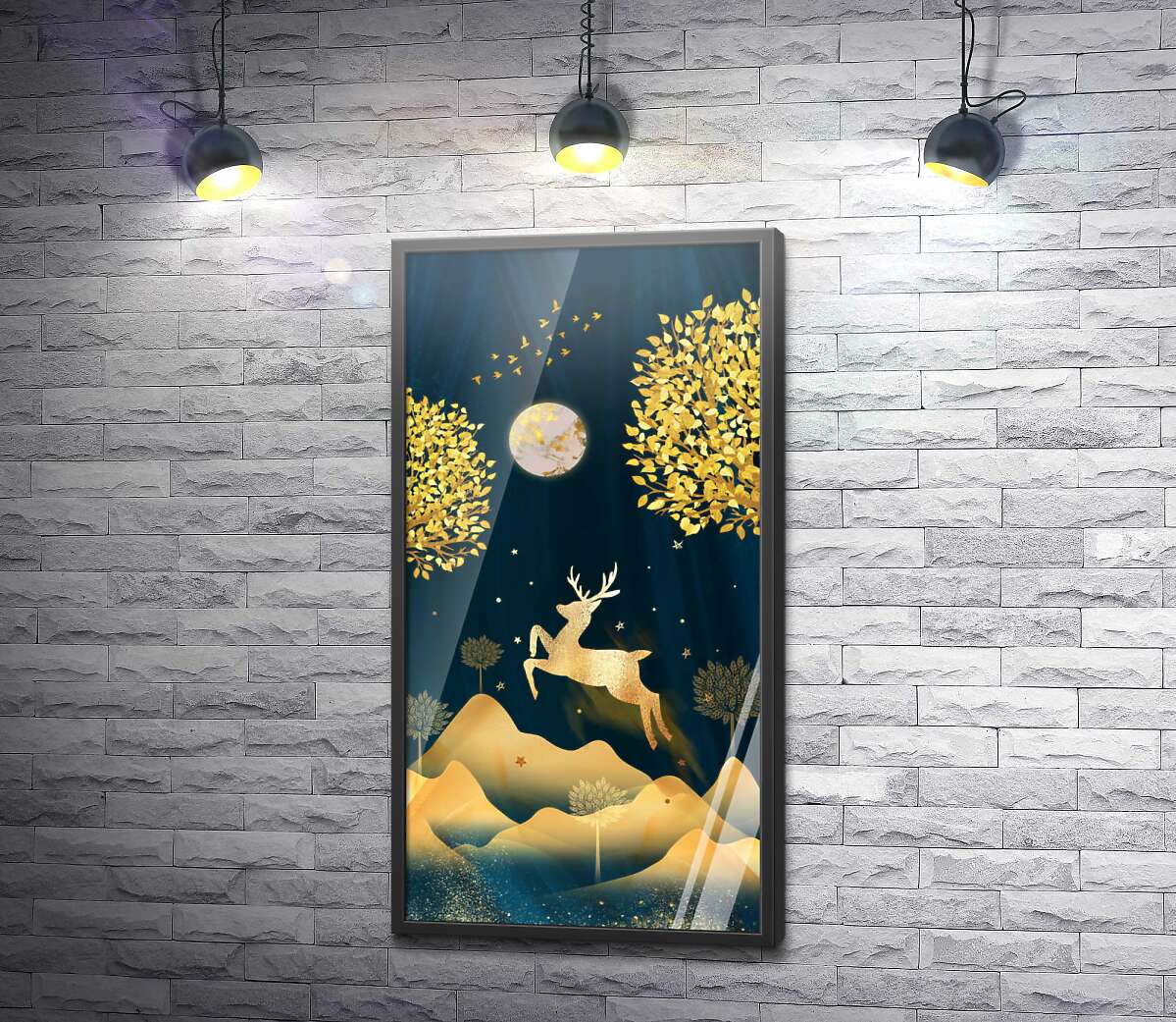 постер Олень в прыжке под луной