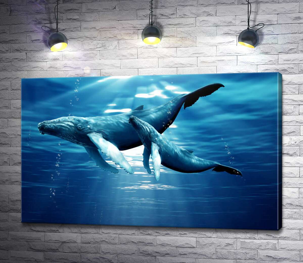 картина Пара синих китов в лучах солнца