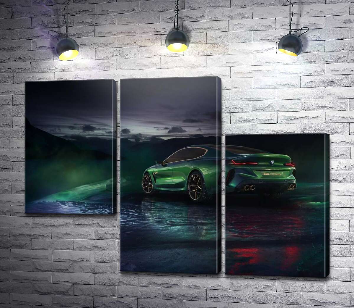 модульна картина Зелений автомобіль BMW Concept M8 Gran Coupe в серпанку (Модуль №13)