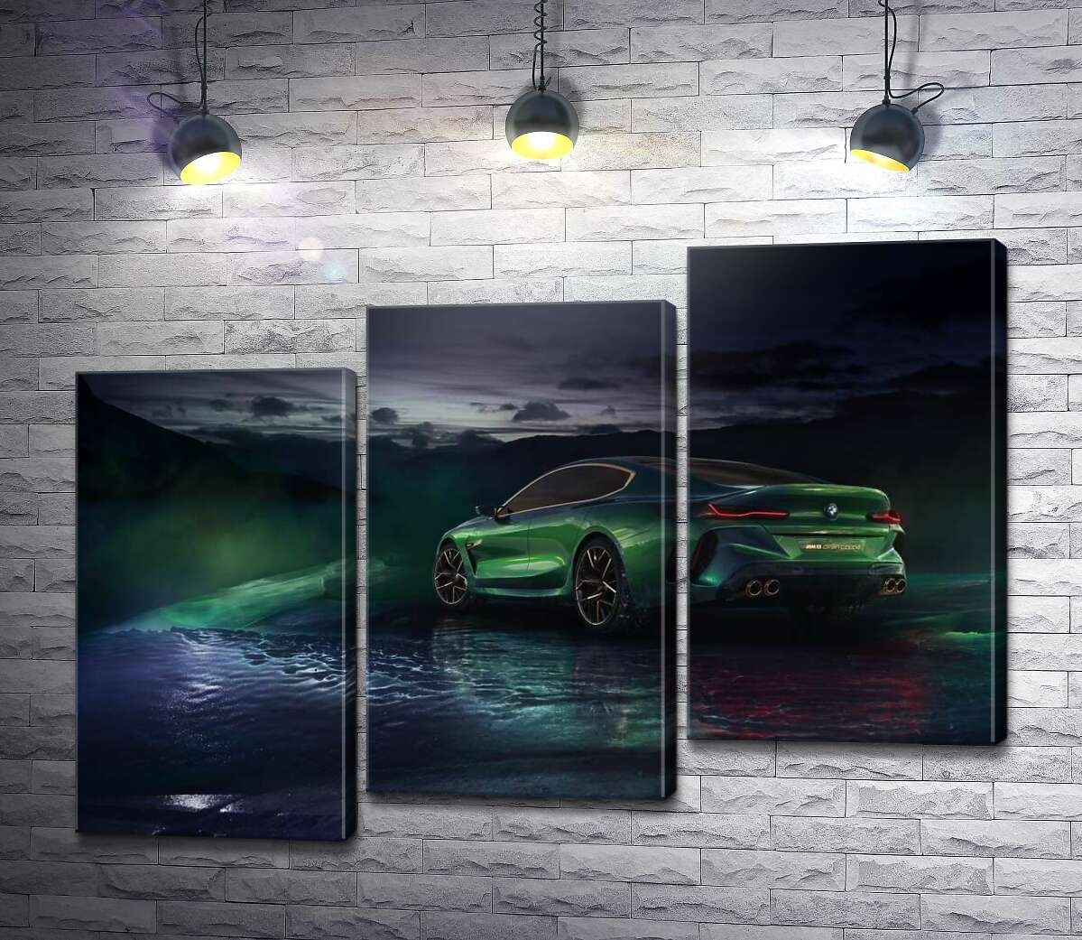 модульна картина Зелений автомобіль BMW Concept M8 Gran Coupe в серпанку (Модуль №14)