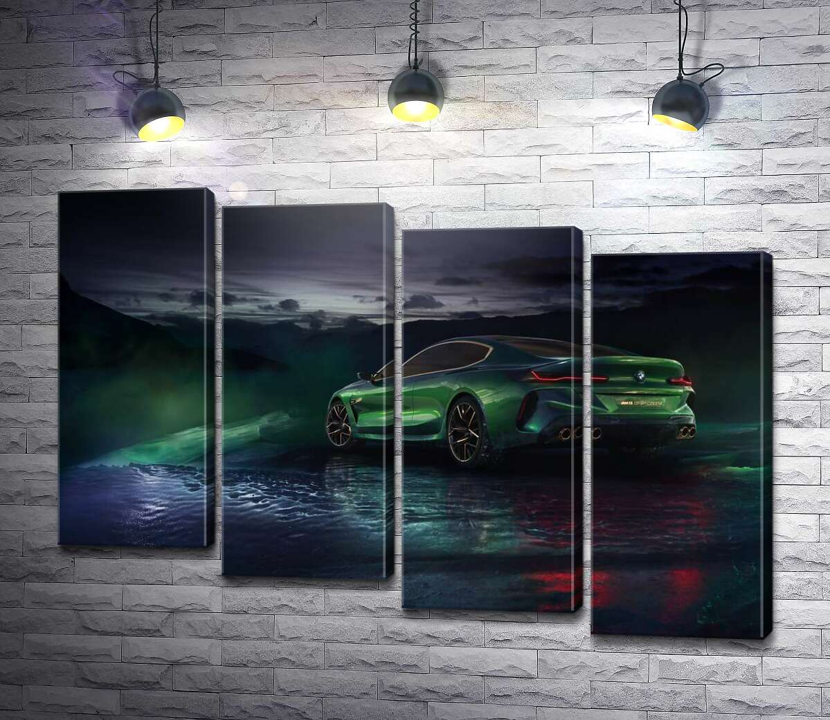 модульна картина Зелений автомобіль BMW Concept M8 Gran Coupe в серпанку (Модуль №19)