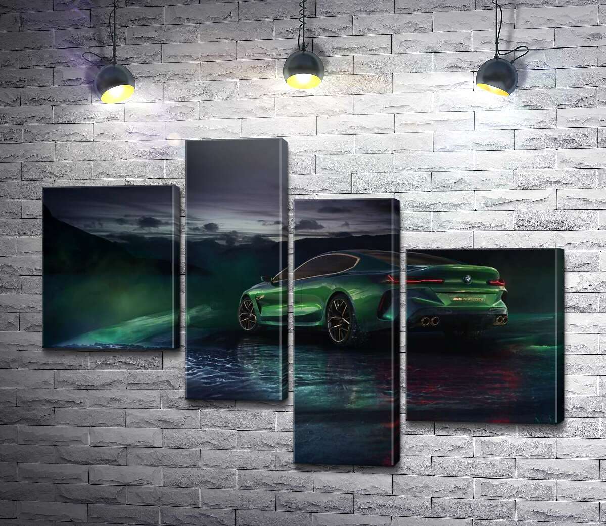модульная картина Зеленый автомобиль BMW Concept M8 Gran Coupe в дымке (Модуль №21)