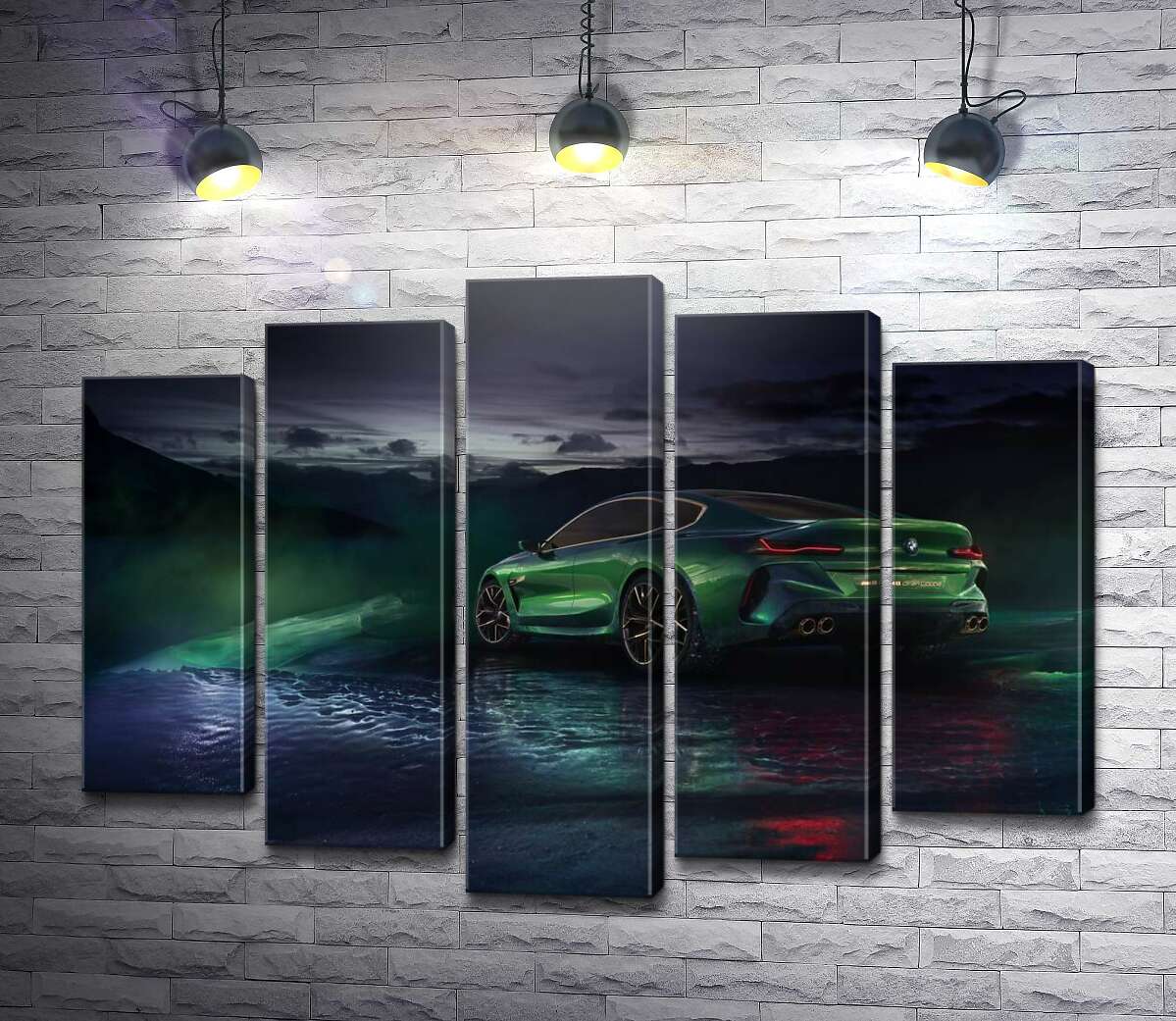 модульна картина Зелений автомобіль BMW Concept M8 Gran Coupe в серпанку (Модуль №4)
