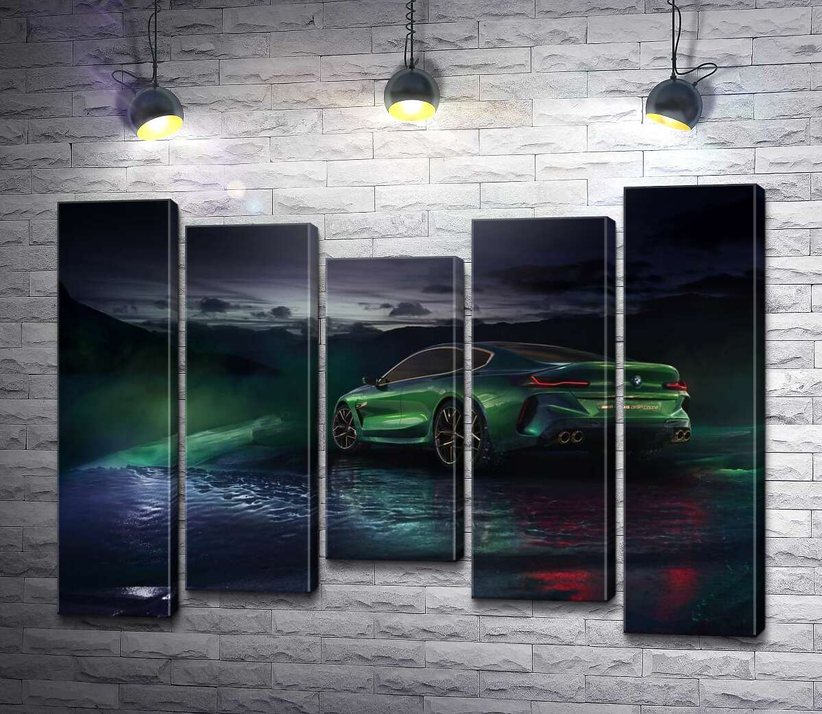 модульна картина Зелений автомобіль BMW Concept M8 Gran Coupe в серпанку (Модуль №27)