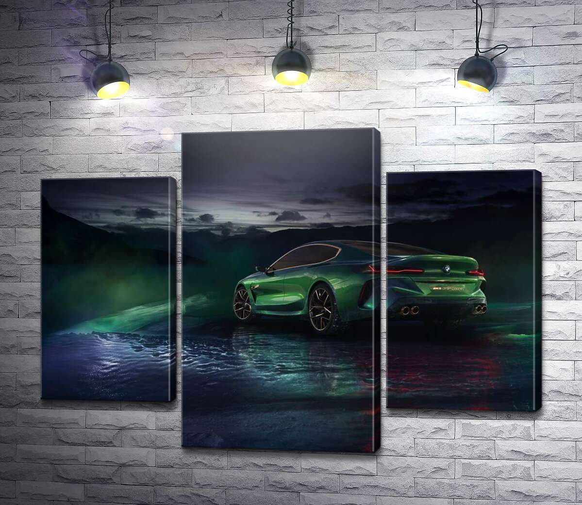 модульная картина Зеленый автомобиль BMW Concept M8 Gran Coupe в дымке (Модуль №10)