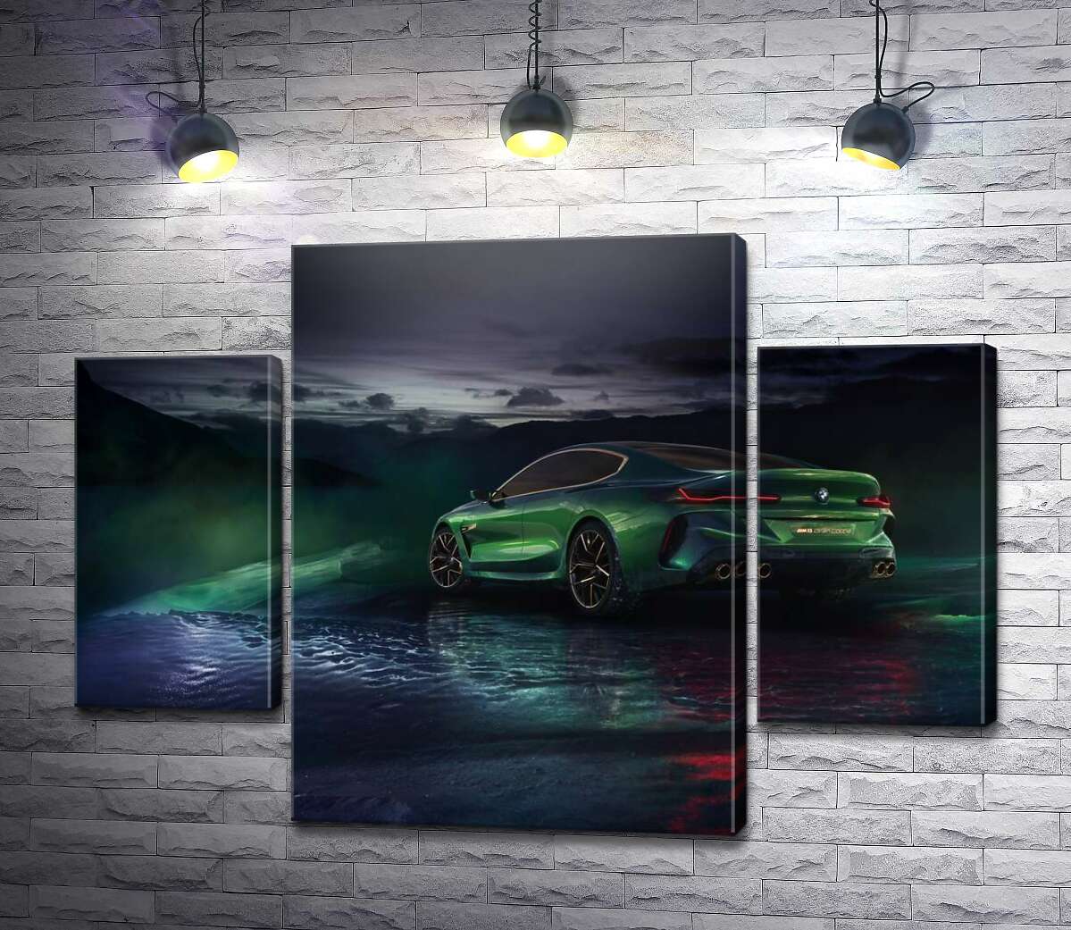 модульна картина Зелений автомобіль BMW Concept M8 Gran Coupe в серпанку (Модуль №5)