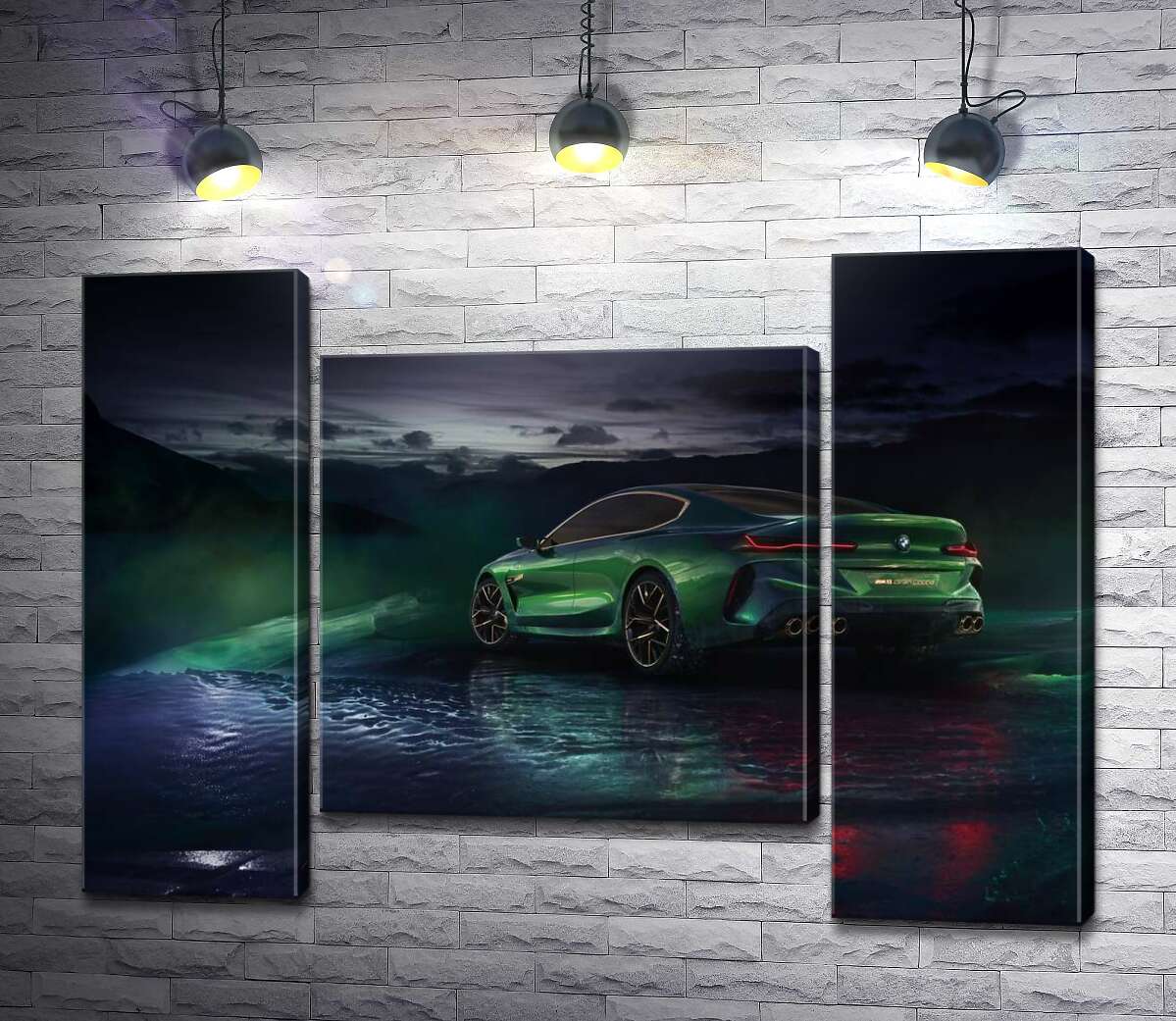 модульна картина Зелений автомобіль BMW Concept M8 Gran Coupe в серпанку (Модуль №11)