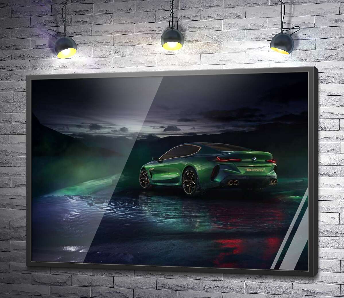 постер Зелений автомобіль BMW Concept M8 Gran Coupe в серпанку