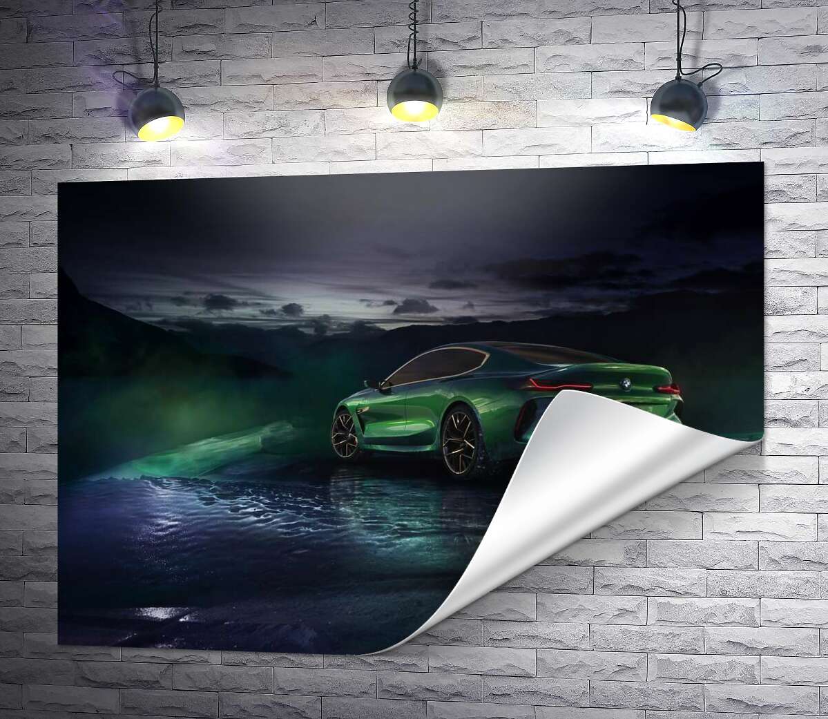 печать Зеленый автомобиль BMW Concept M8 Gran Coupe в дымке