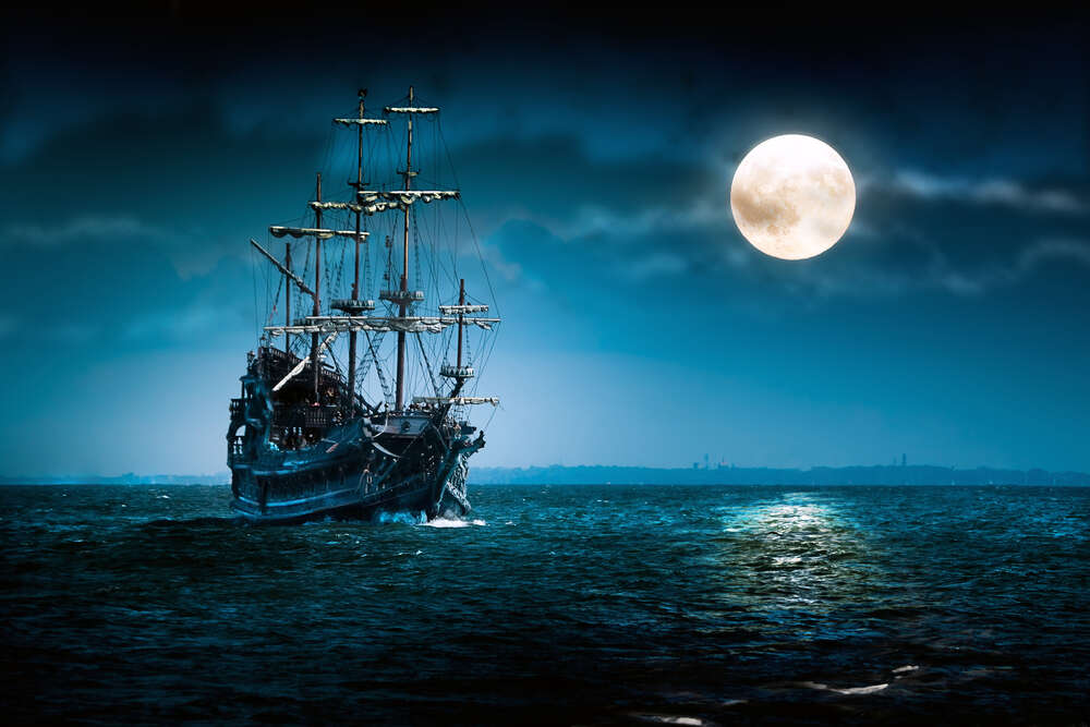 картина-постер Парусное судно под полной луной