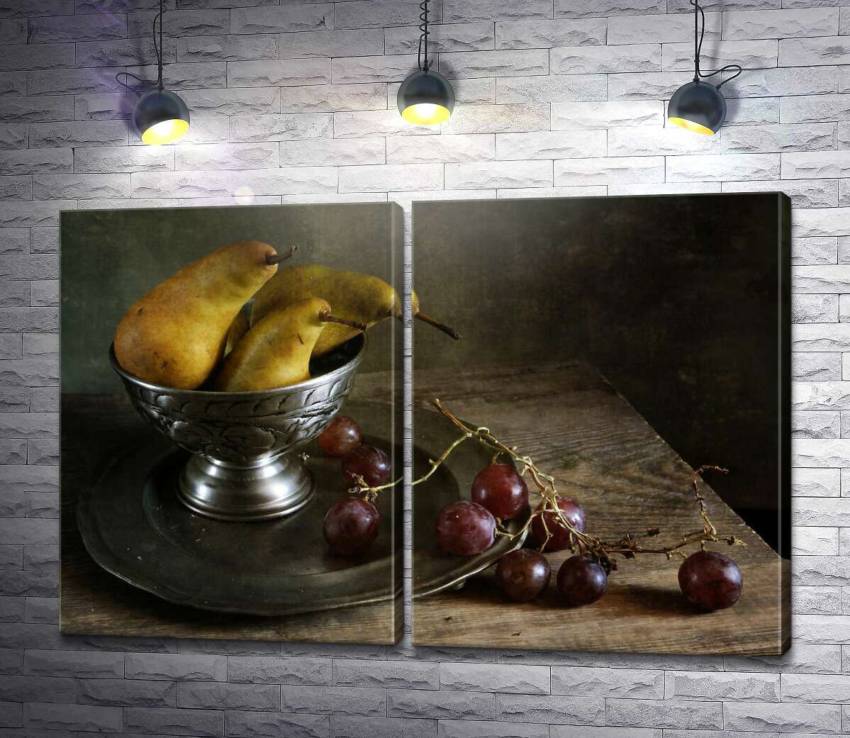 модульная картина Груши в серебряной пиале и виноград