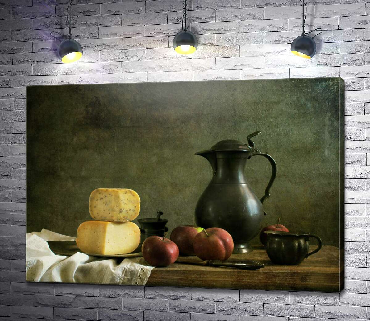 картина Сыр с яблоками на деревянном столе