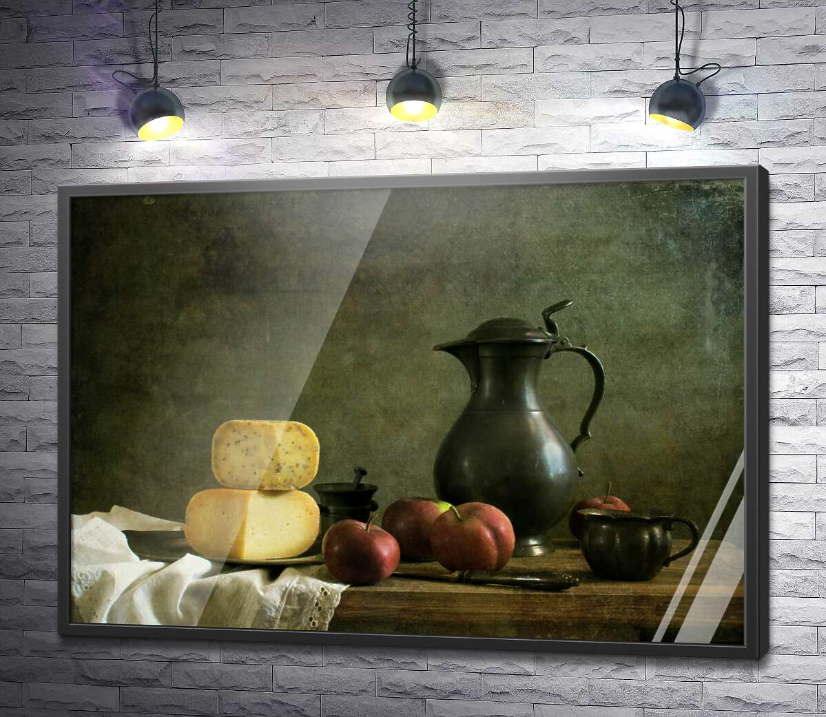 постер Сир з яблуками на дерев'яному столі
