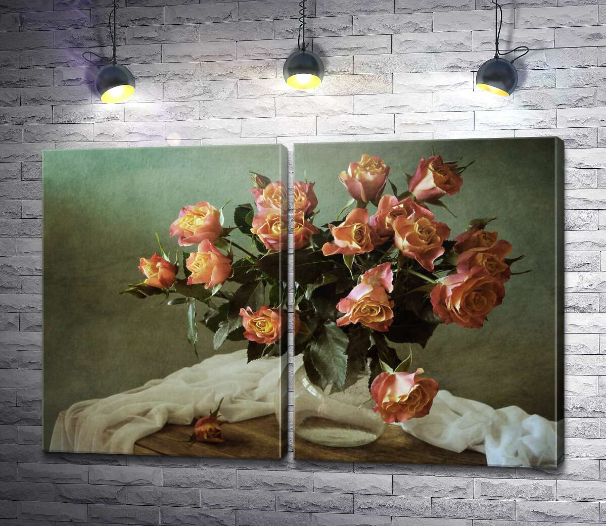 модульная картина Букет персиковых роз в вазе