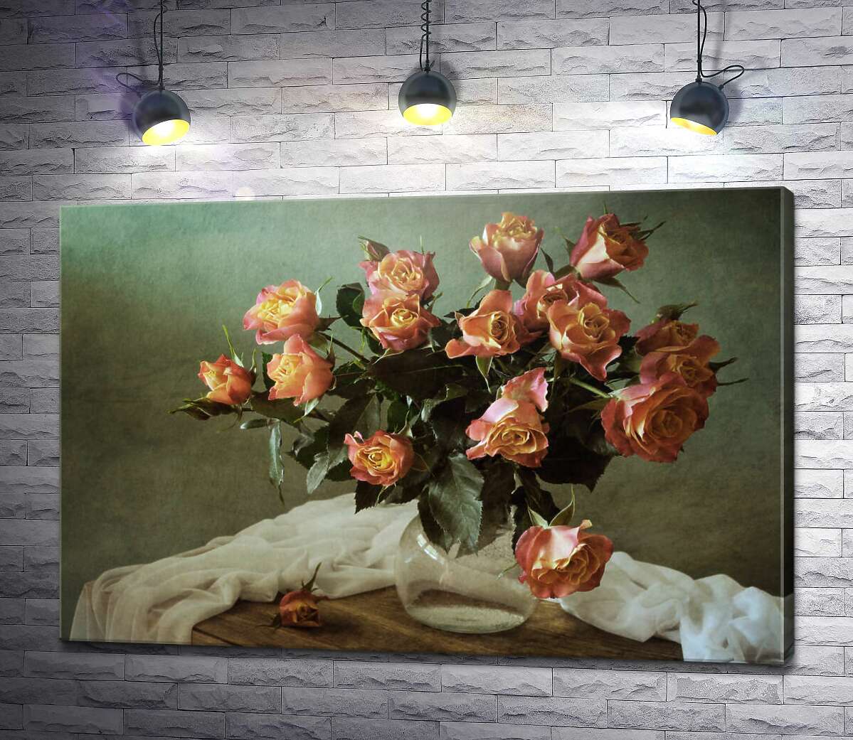 картина Букет персиковых роз в вазе