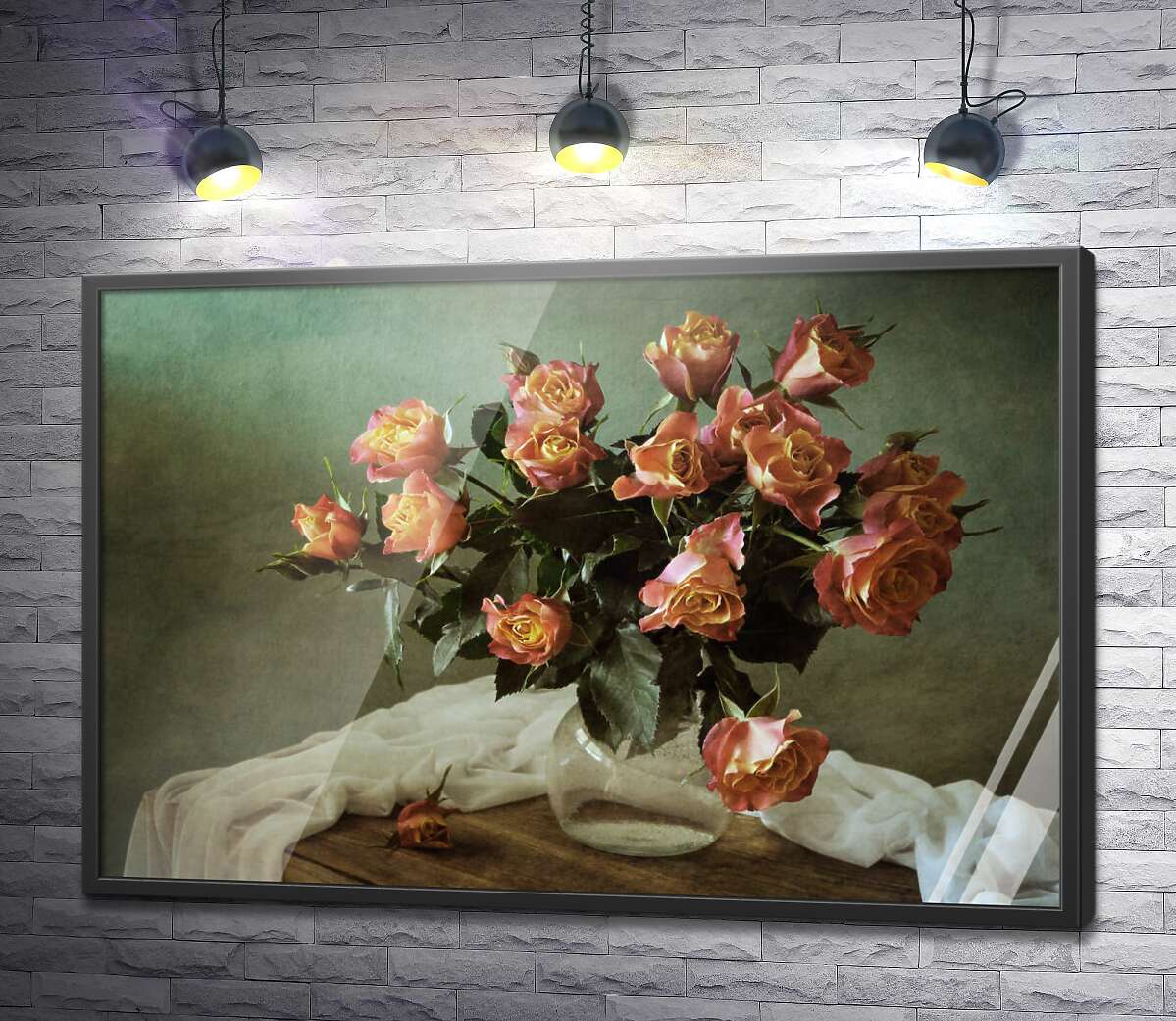 постер Букет персикових троянд у вазі