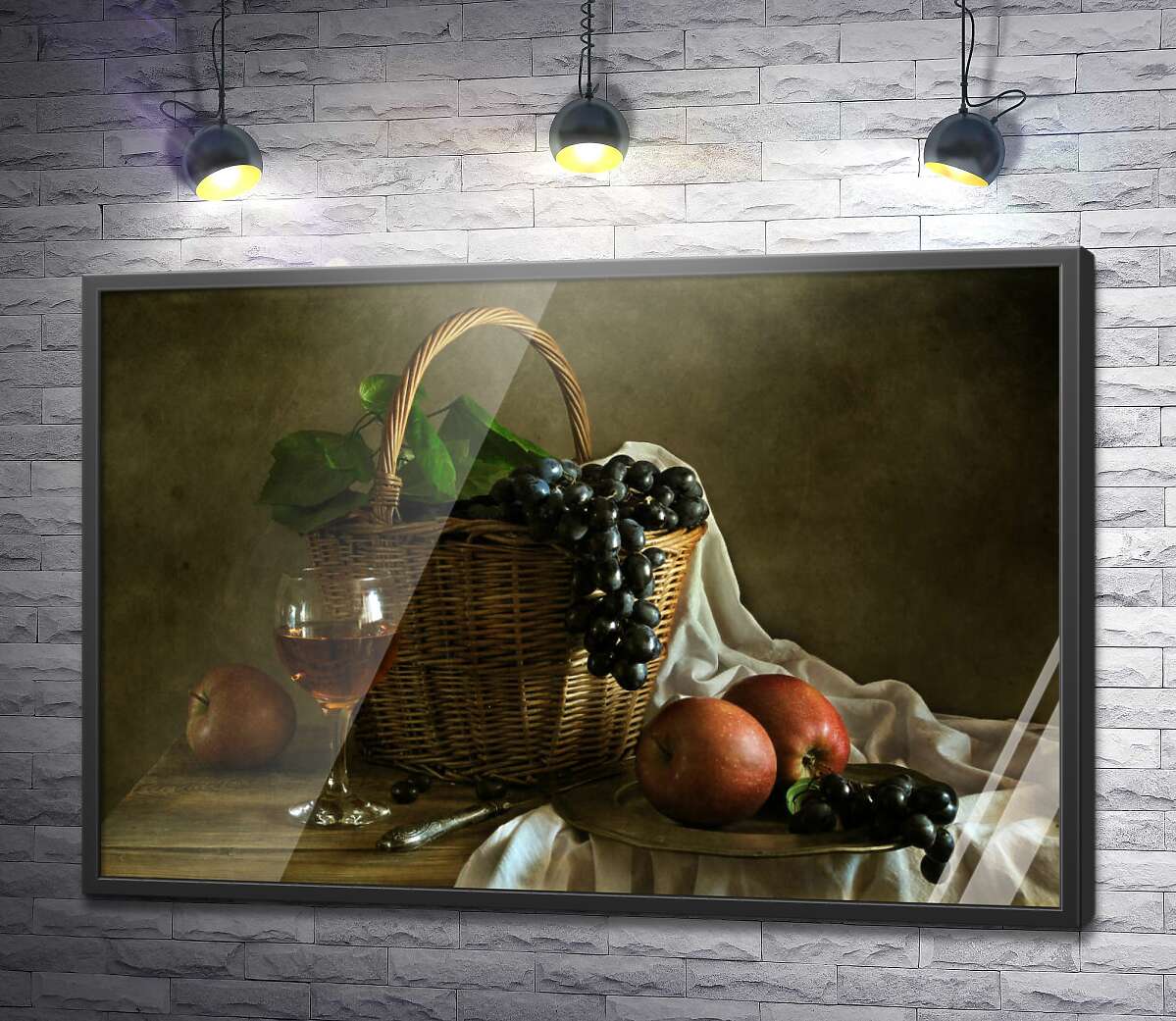 постер Натюрморт с бокалом вина и корзинкой фруктов