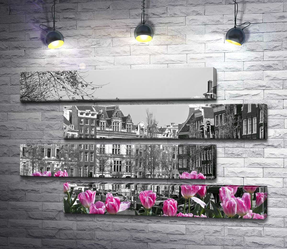 модульная картина Розовые тюльпаны обрамляют черно-белый канал Амстердама (Модуль №23)