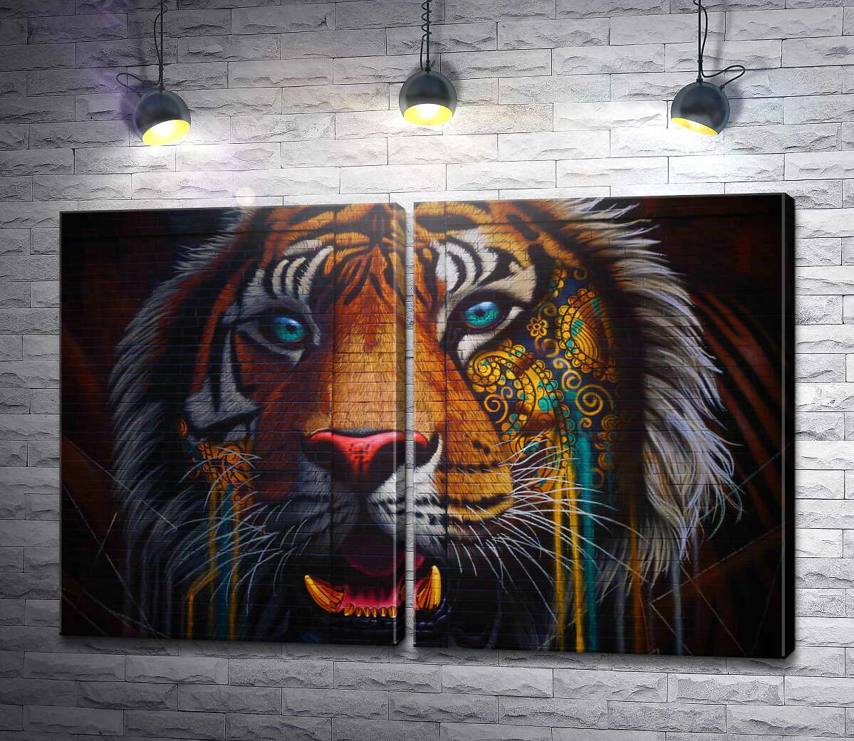 модульная картина Бенгальский тигр с желто-синим узором