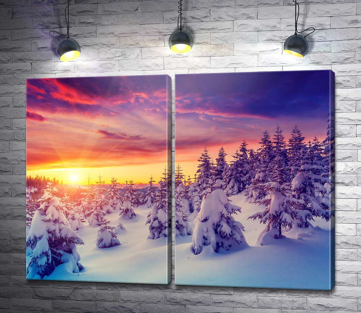 модульная картина Зимний пейзаж в горах с красочным закатом