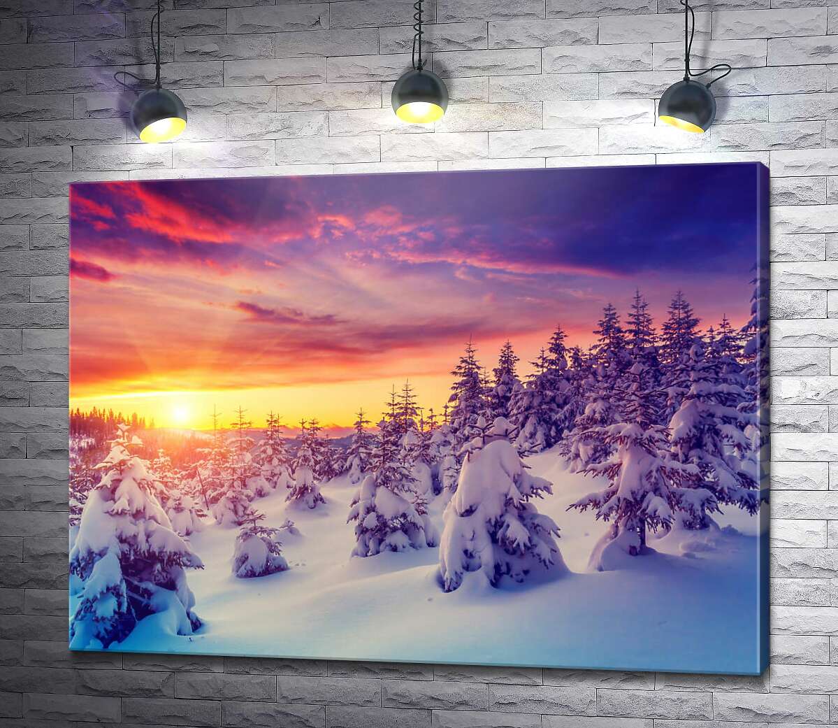 картина Зимовий пейзаж у горах з барвистим заходом сонця