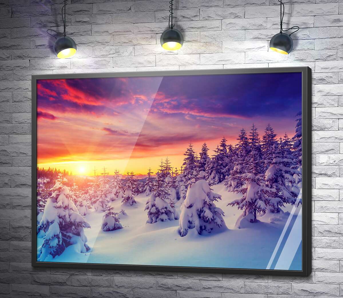 постер Зимний пейзаж в горах с красочным закатом