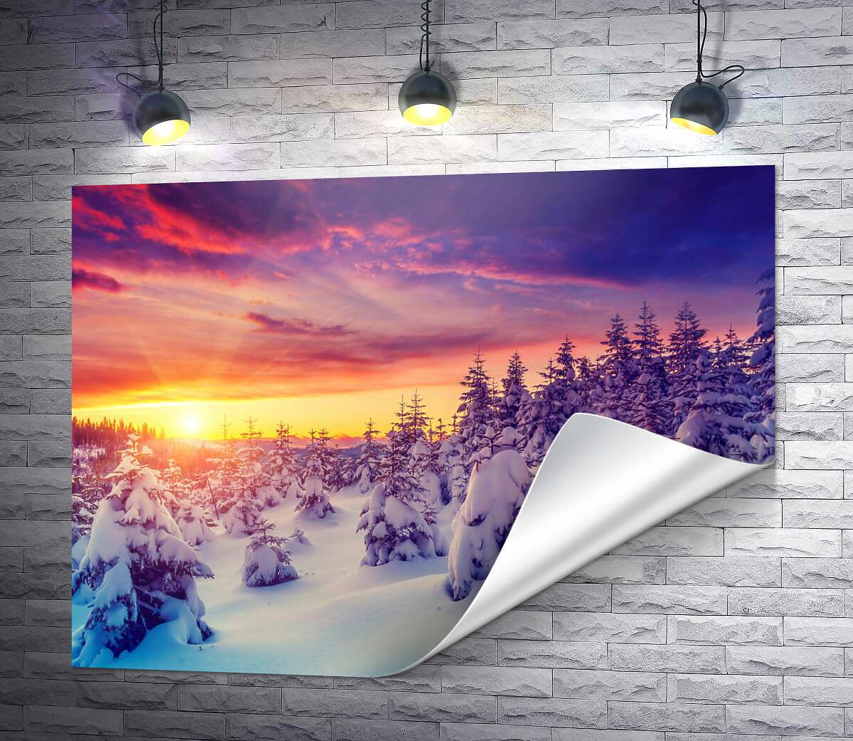 друк Зимовий пейзаж у горах з барвистим заходом сонця