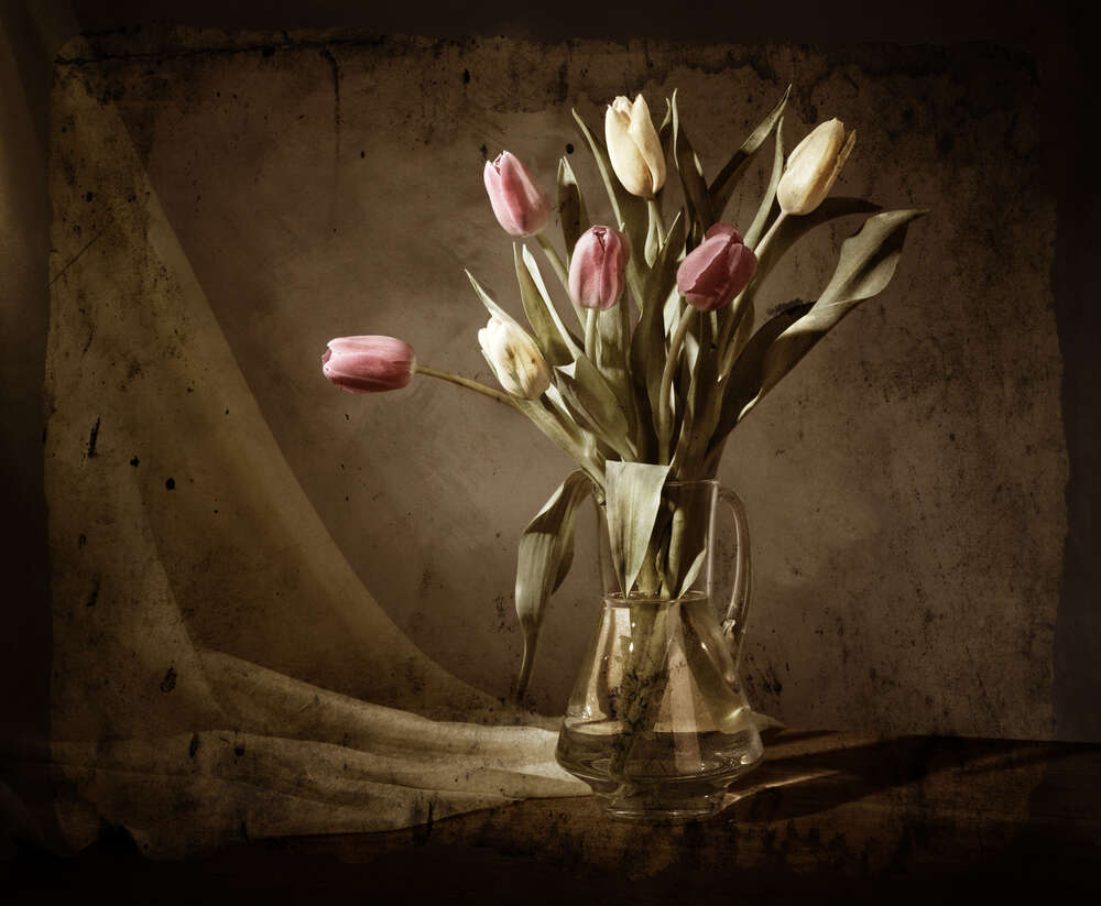 картина-постер Нежные тюльпаны в стеклянном кувшине