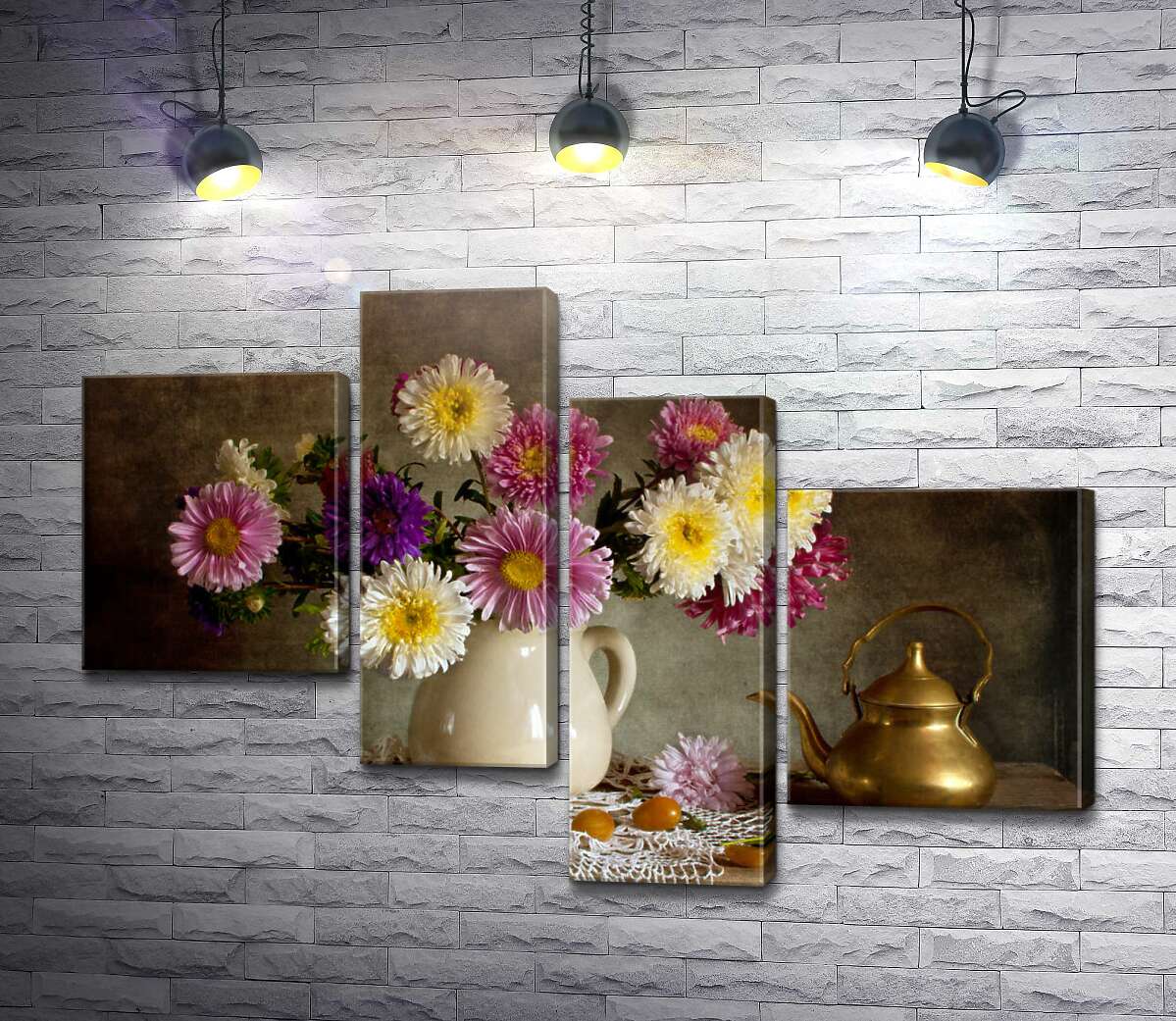 модульная картина Золотой чайничек рядом с букетом астр (Модуль №21)