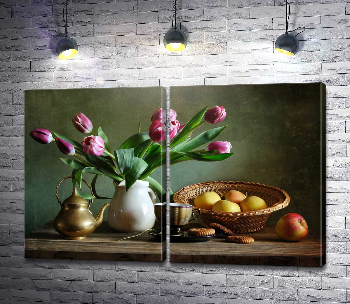 модульна картина Натюрморт з яблуками і рожевими тюльпанами