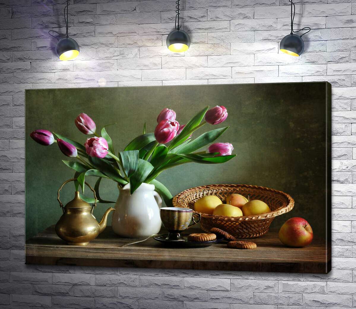 картина Натюрморт з яблуками і рожевими тюльпанами