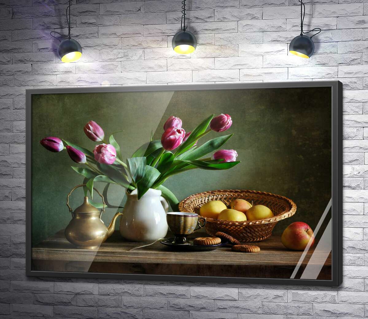 постер Натюрморт с яблоками и розовыми тюльпанами