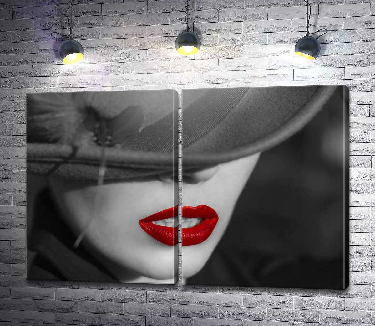 модульная картина Алые губы загадочной девушки в шляпке