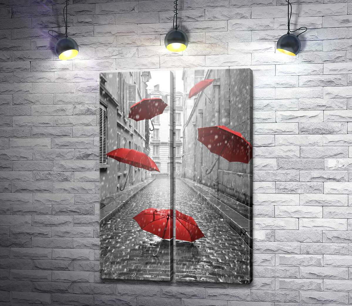 модульная картина Красные зонтики летящие по улице во время дождя