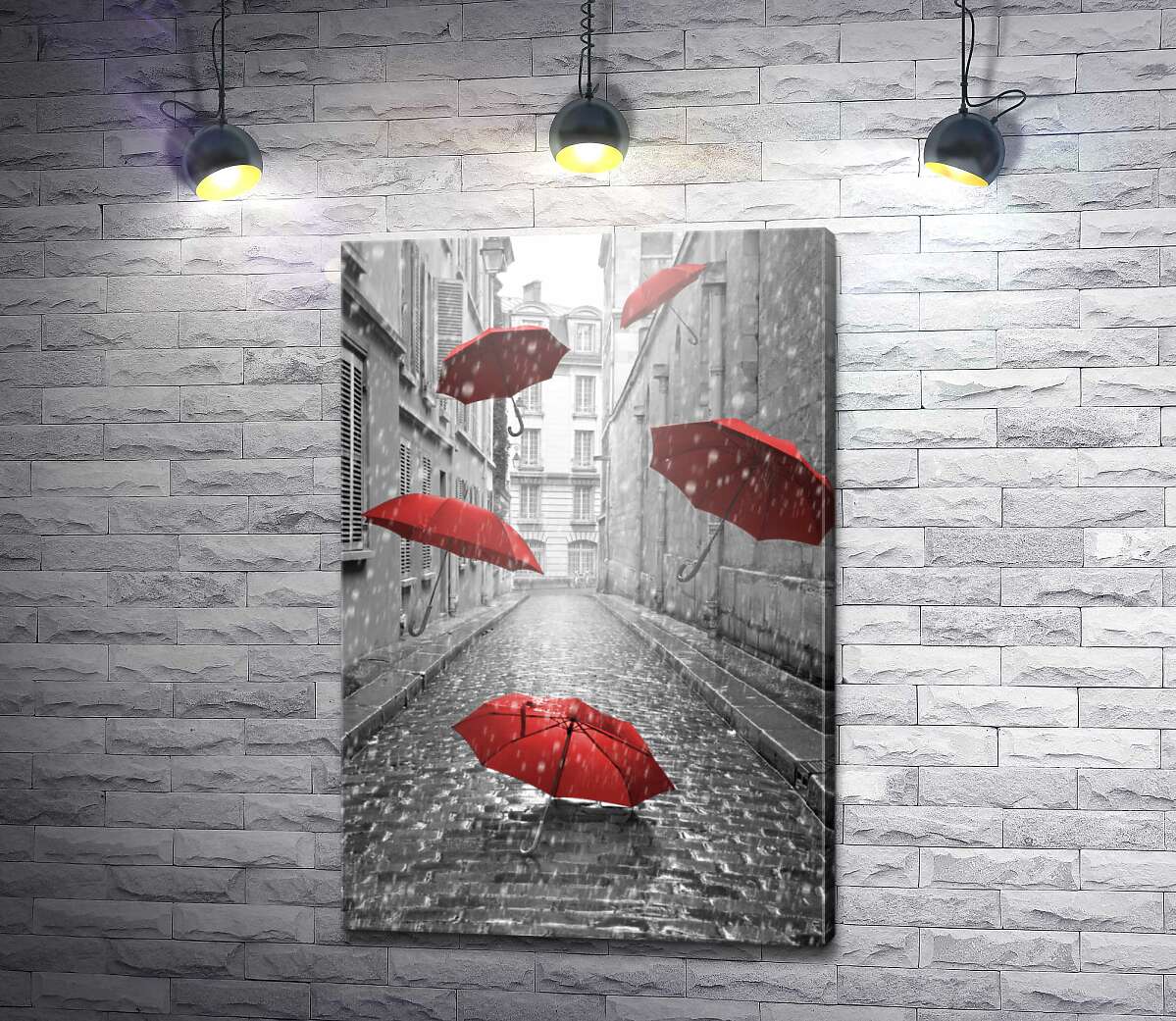 картина Красные зонтики летящие по улице во время дождя