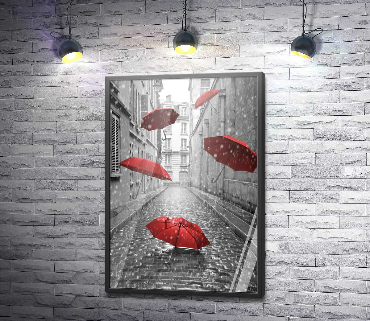 постер Красные зонтики летящие по улице во время дождя