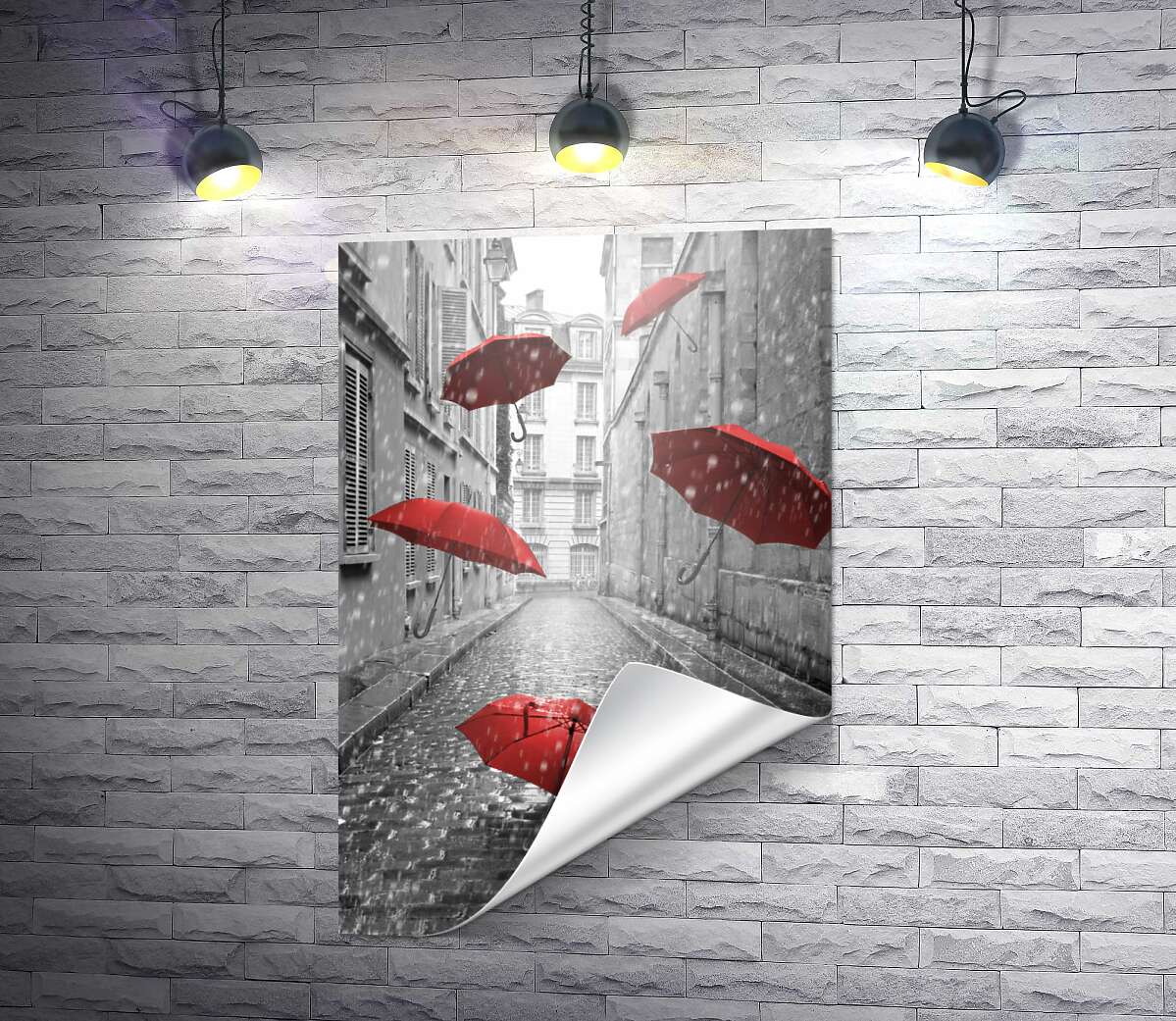друк Червоні парасольки, що летять вулицею під час дощу