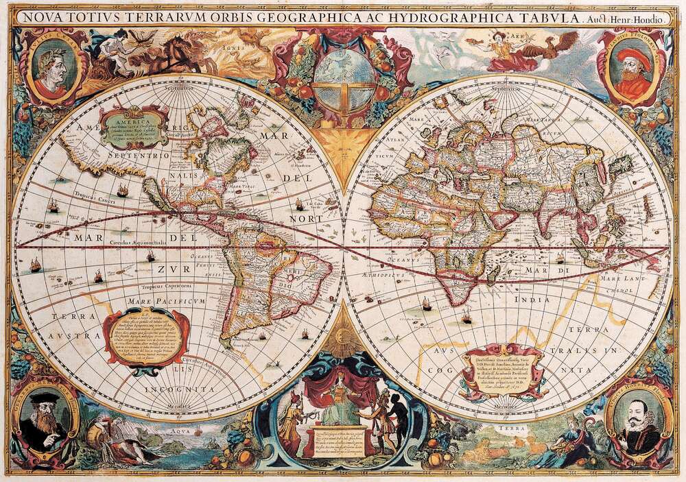 картина-постер Географическая карта мира, Гендрик Гондиус (Hendrik Hondius)