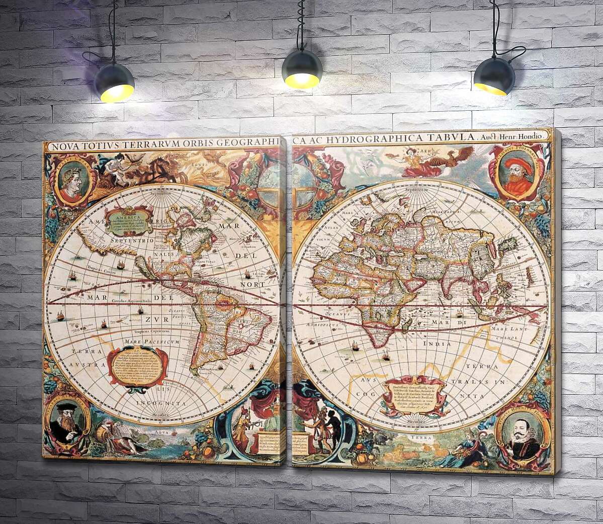 модульна картина Географічна карта світу, Гендрік Гондіус (Hendrik Hondius)