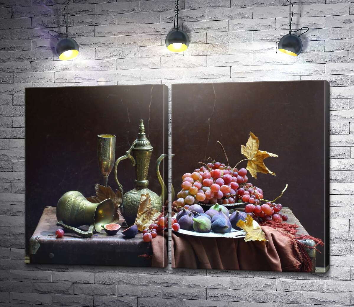 модульная картина Осенний натюрморт с посудой, инжиром и виноградом
