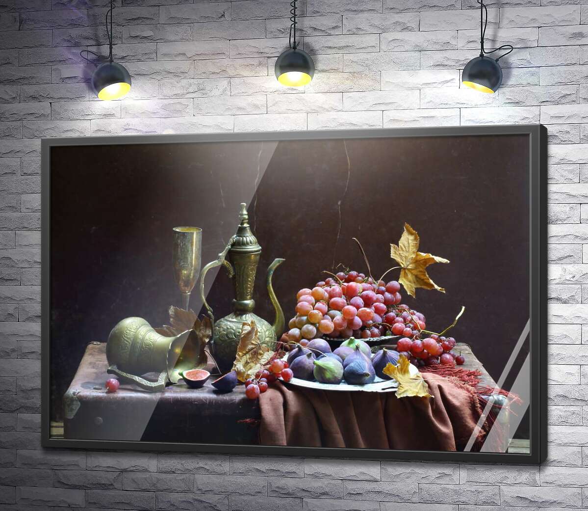 постер Осінній натюрморт з посудом, інжиром та виноградом