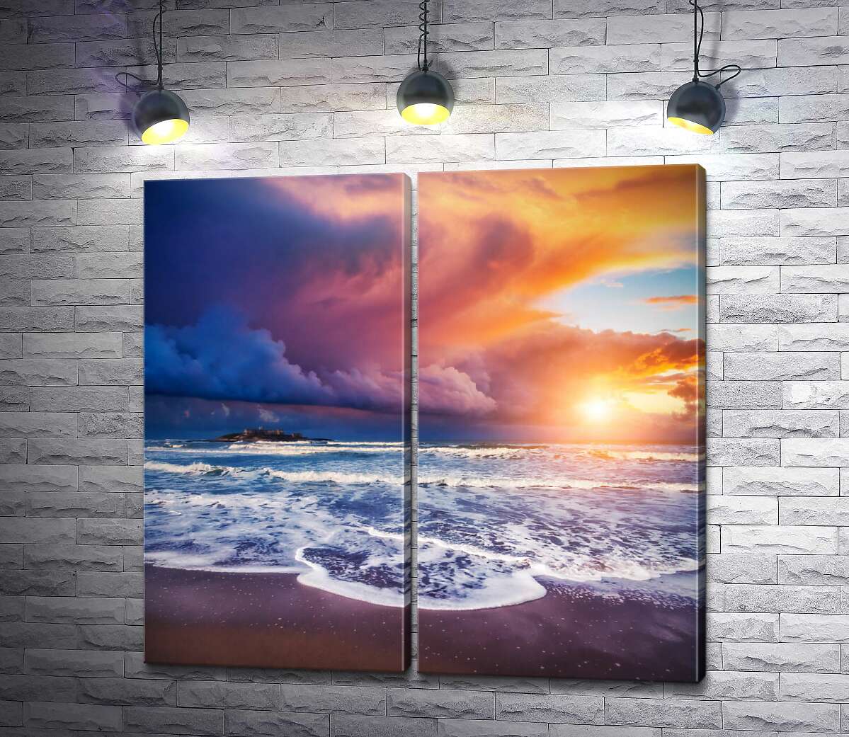 модульна картина Захід сонця на грозовому пляжі