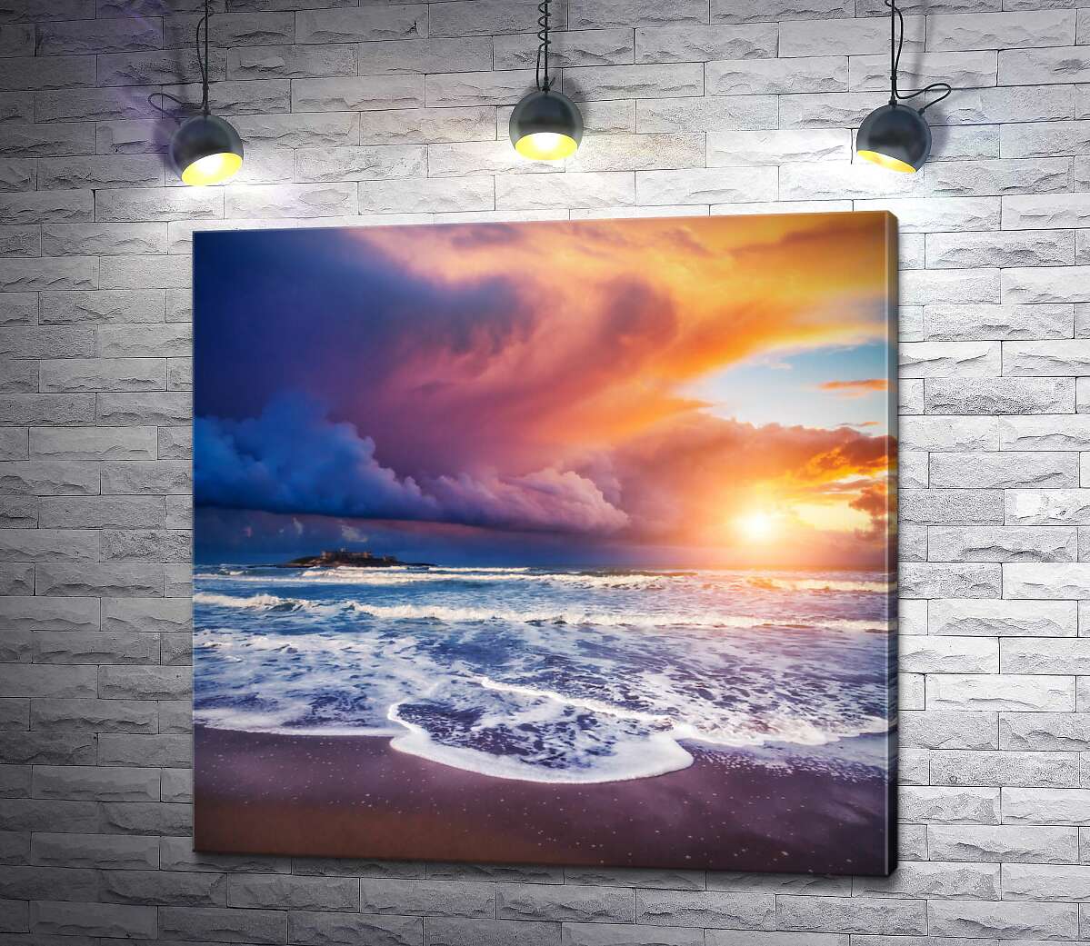 картина Захід сонця на грозовому пляжі