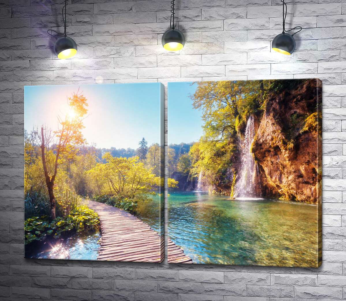 модульная картина Мостик огибает водопады на Плитвицких озерах