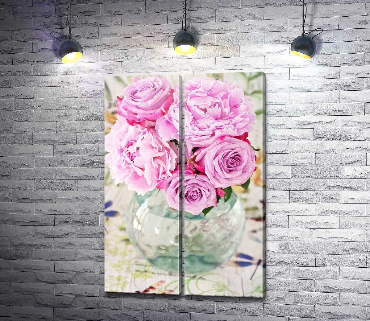 модульная картина Розовые пионы и розы в вазе
